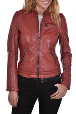 Dark red lambskin jacket, moto-inspired with a feminine touch. - Image n°1