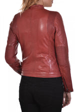 Dark red lambskin jacket, moto-inspired with a feminine touch. - Image n°4