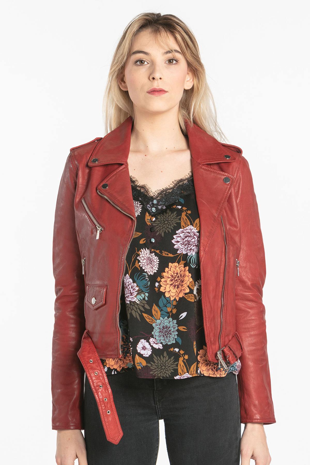Women's fire red Biker Jacket - Image n°4