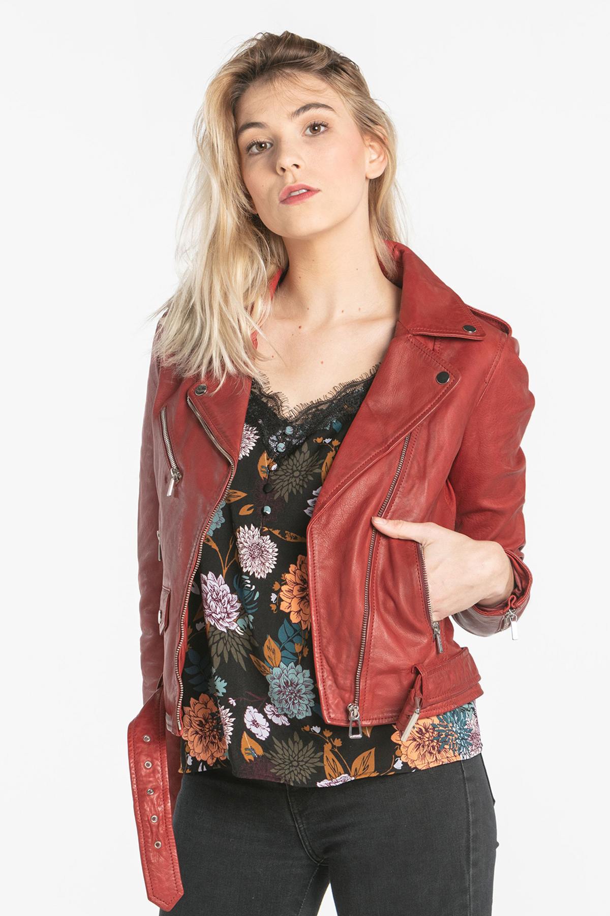 Women's fire red Biker Jacket - Image n°1