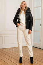 Quilted lambskin jacket in deep black, white zip and statement collar. - Image n°6