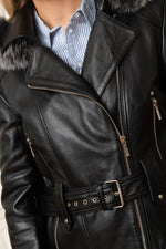 Black leather jacket with raccoon fur collar - Image n°6