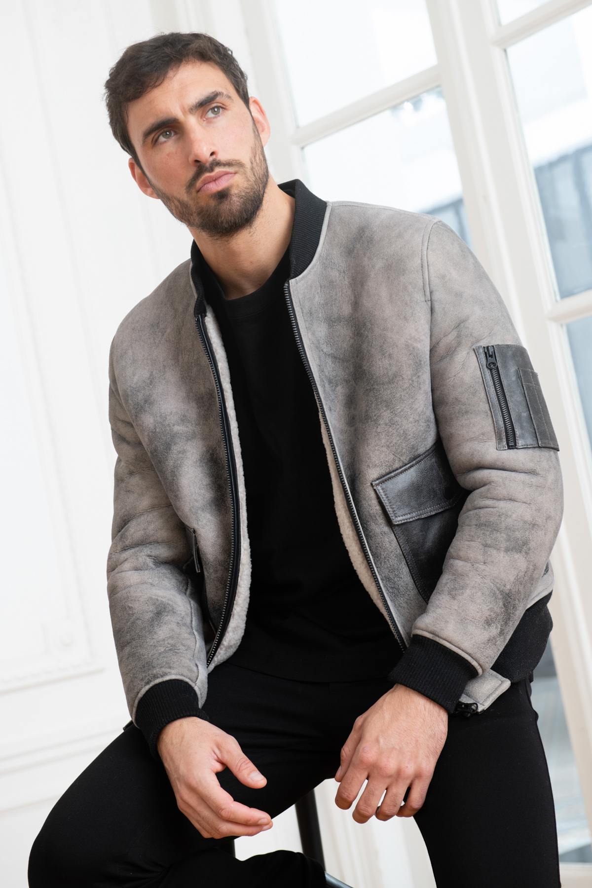Natural grey reversed sheep leather bomber with a sharp, skinny fit. - Image n°1