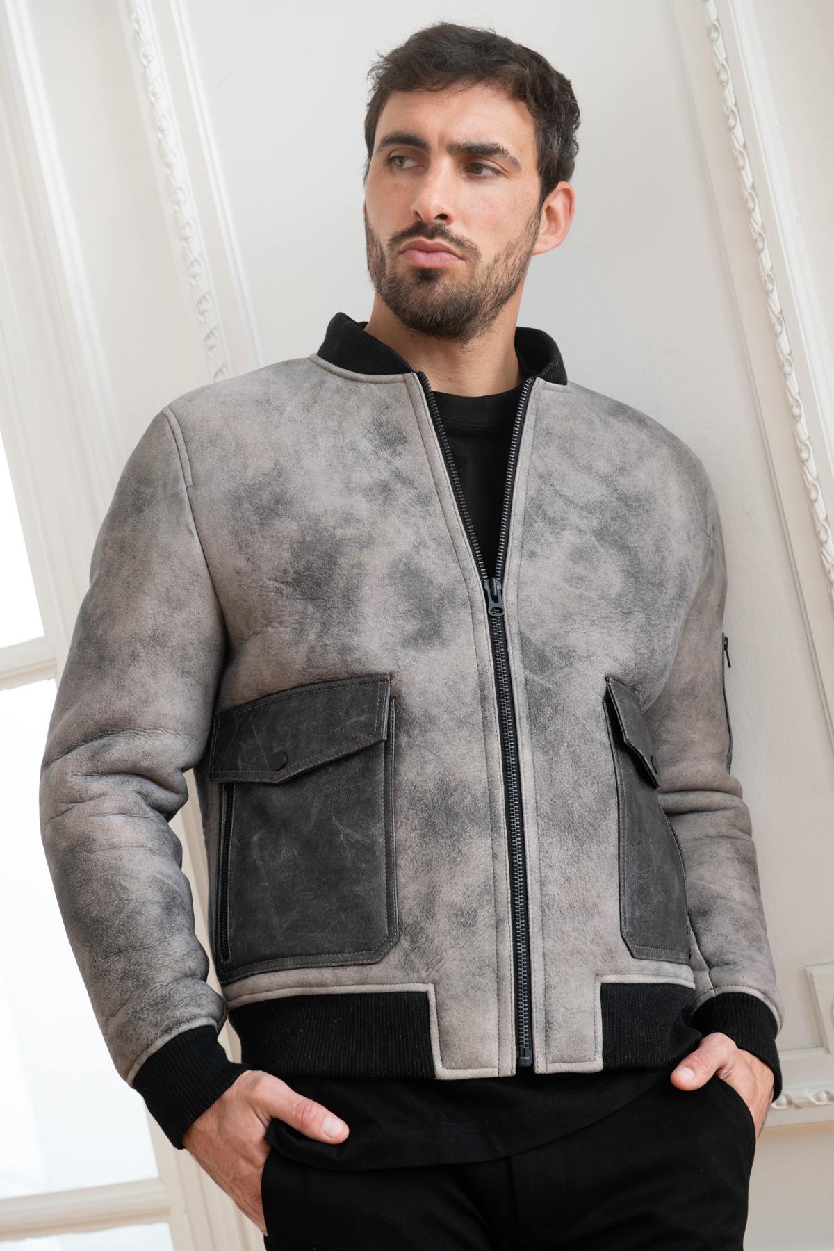 Natural grey reversed sheep leather bomber with a sharp, skinny fit. - Image n°3