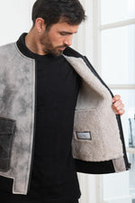 Natural grey reversed sheep leather bomber with a sharp, skinny fit. - Image n°5