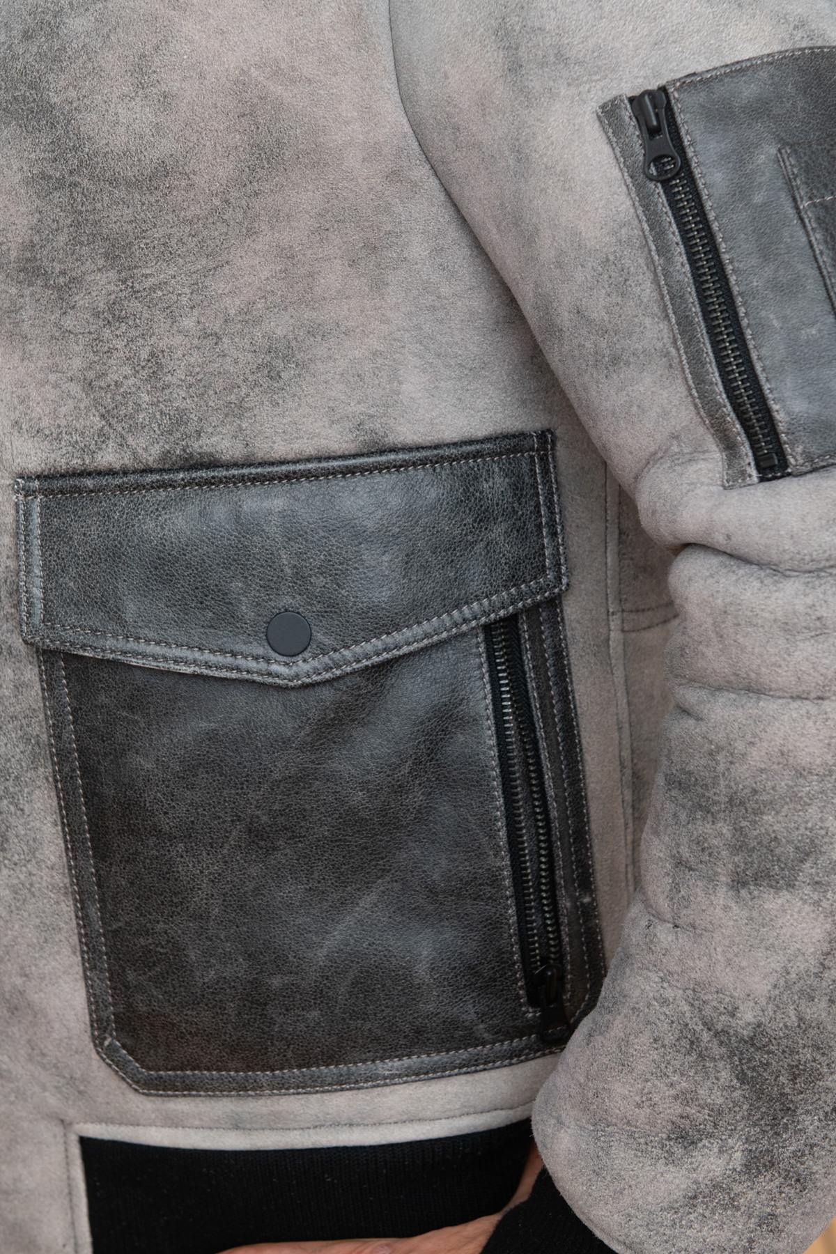 Natural grey reversed sheep leather bomber with a sharp, skinny fit. - Image n°6