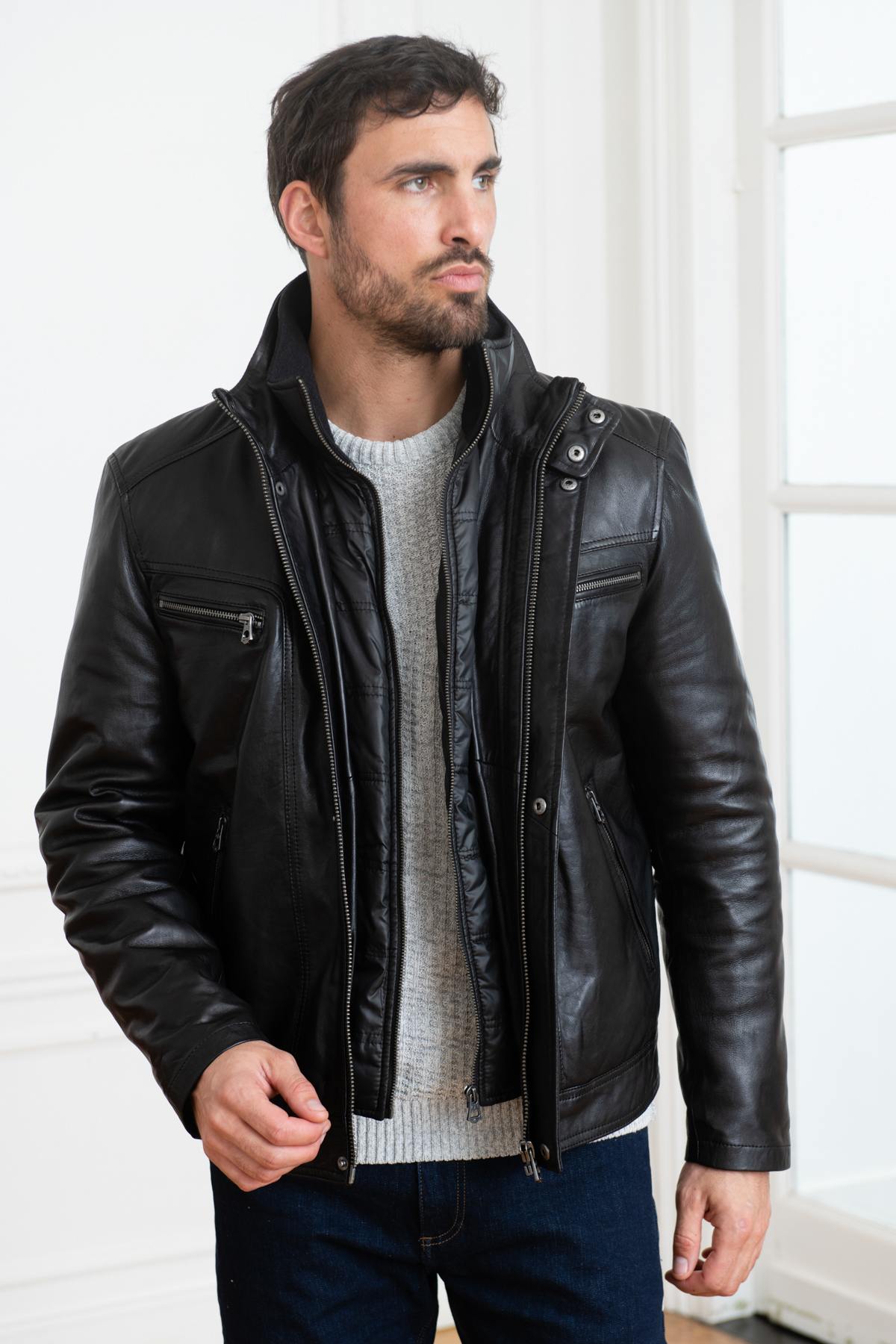 Black sheepskin jacket by Daytona, quilted lining for cold weather. - Image n°1
