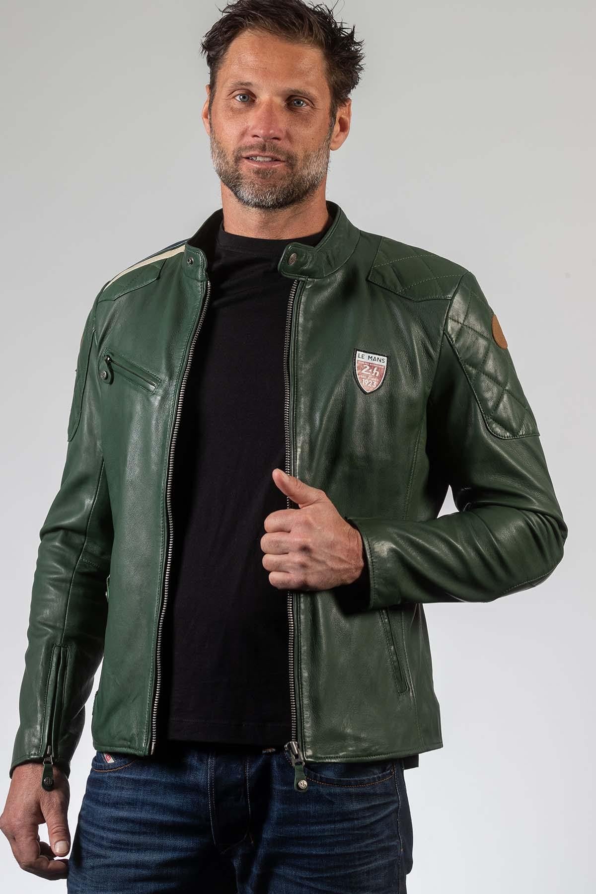 Sheepskin leather jacket in deep green. Biker collar, all-season fit. - Image n°3