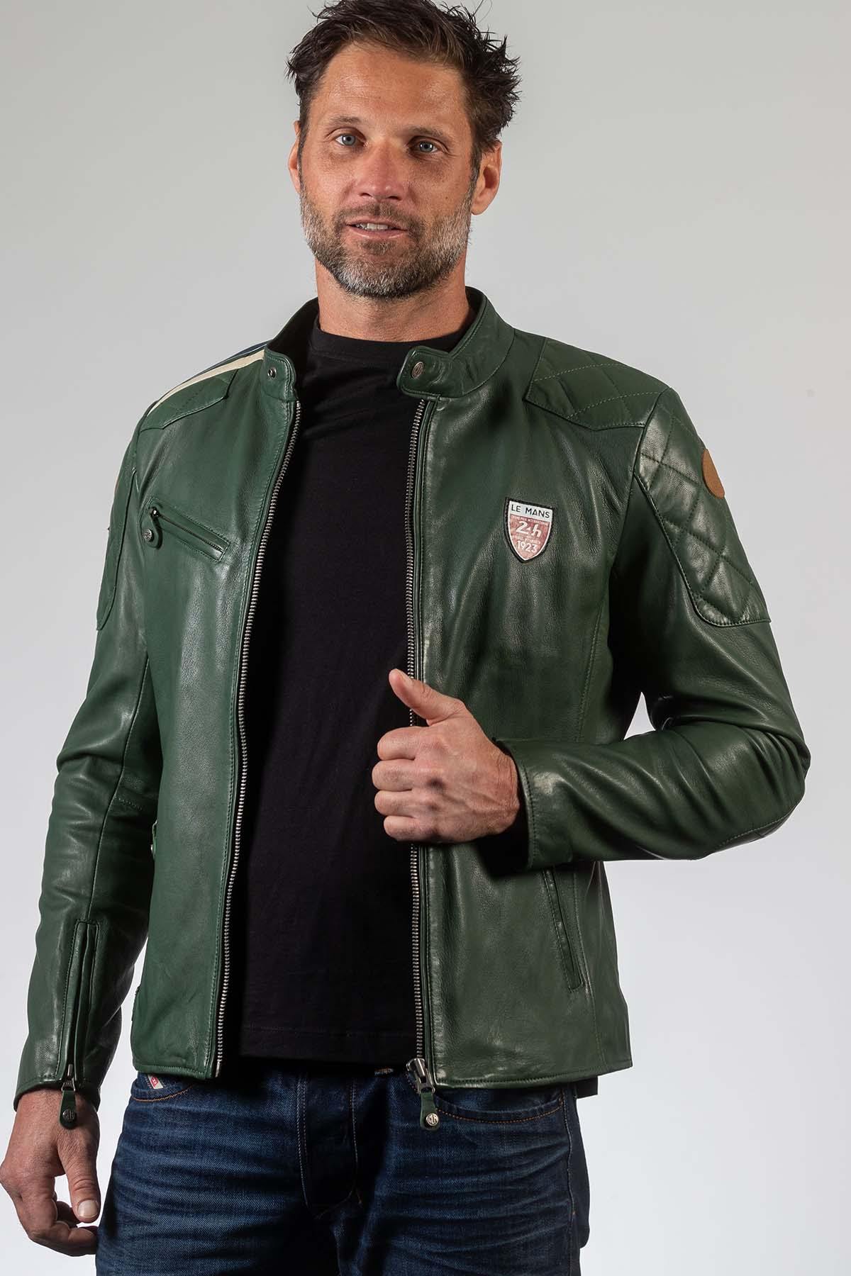 Sheepskin leather jacket in deep green. Biker collar, all-season fit. - Image n°3