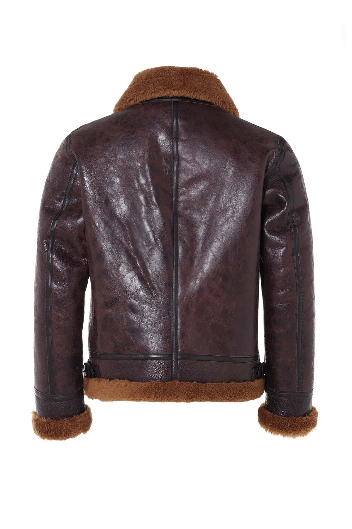 Shearling-lined bomber in glossy dark brown reversed sheep leather. - Image n°8