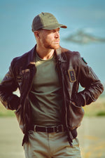 Brown leather aviator jacket with shirt collar - Image n°1