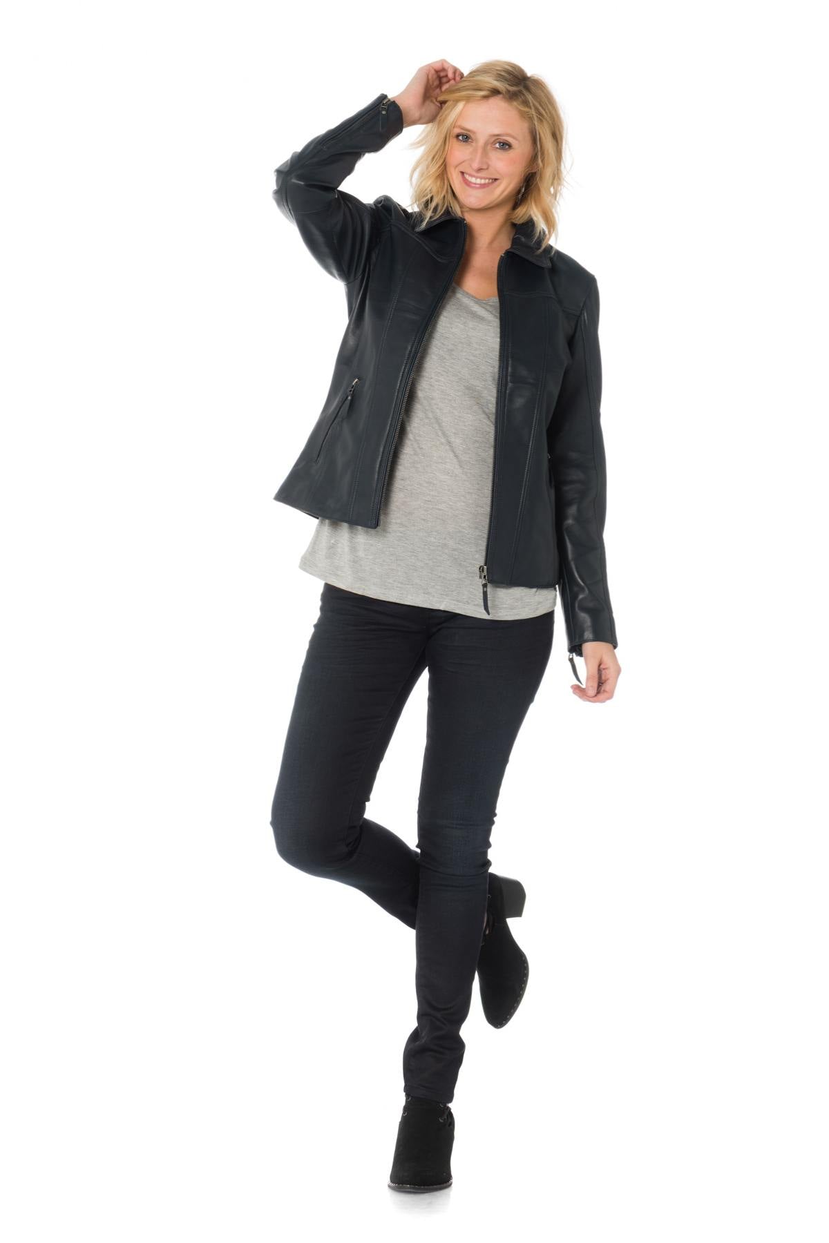 Navy sheepskin jacket for extended sizes, with shirt collar. - Image n°2
