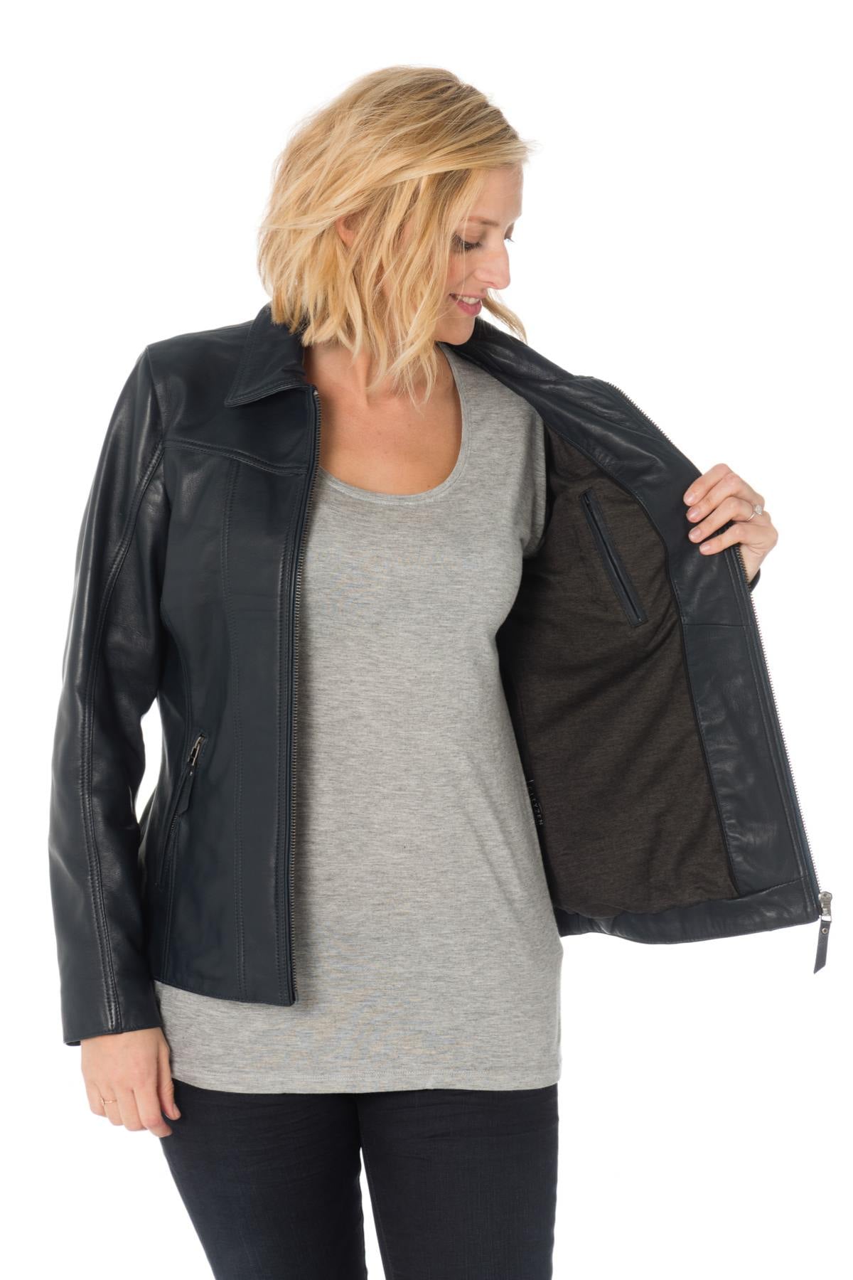 Navy sheepskin jacket for extended sizes, with shirt collar. - Image n°6
