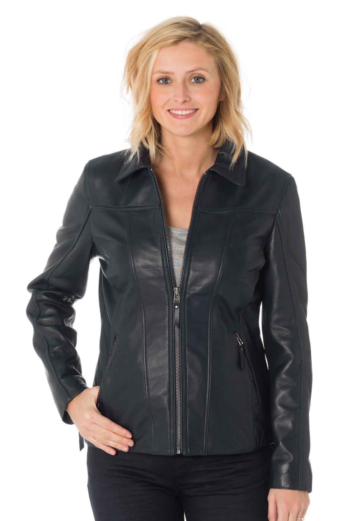 Navy sheepskin jacket for extended sizes, with shirt collar. - Image n°4