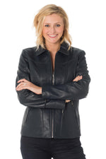 Navy sheepskin jacket for extended sizes, with shirt collar. - Image n°1
