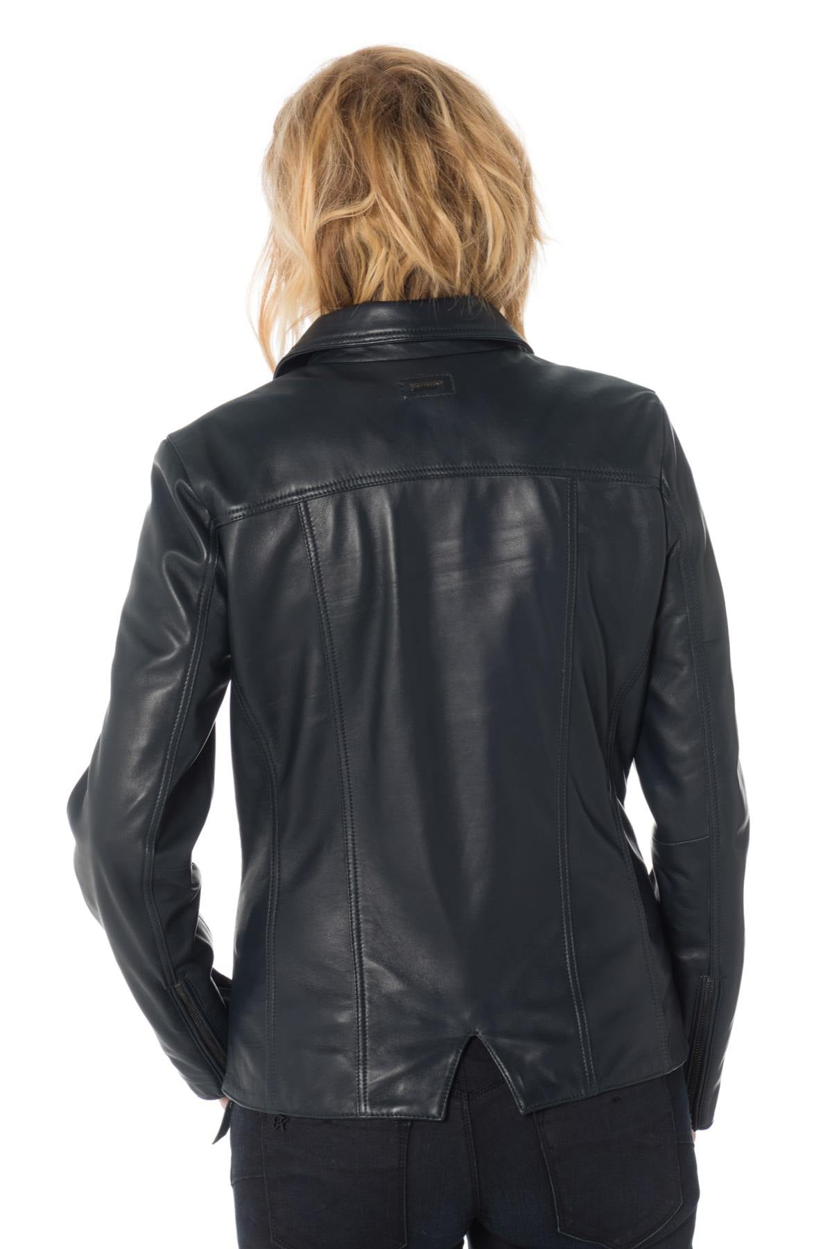 Navy sheepskin jacket for extended sizes, with shirt collar. - Image n°5