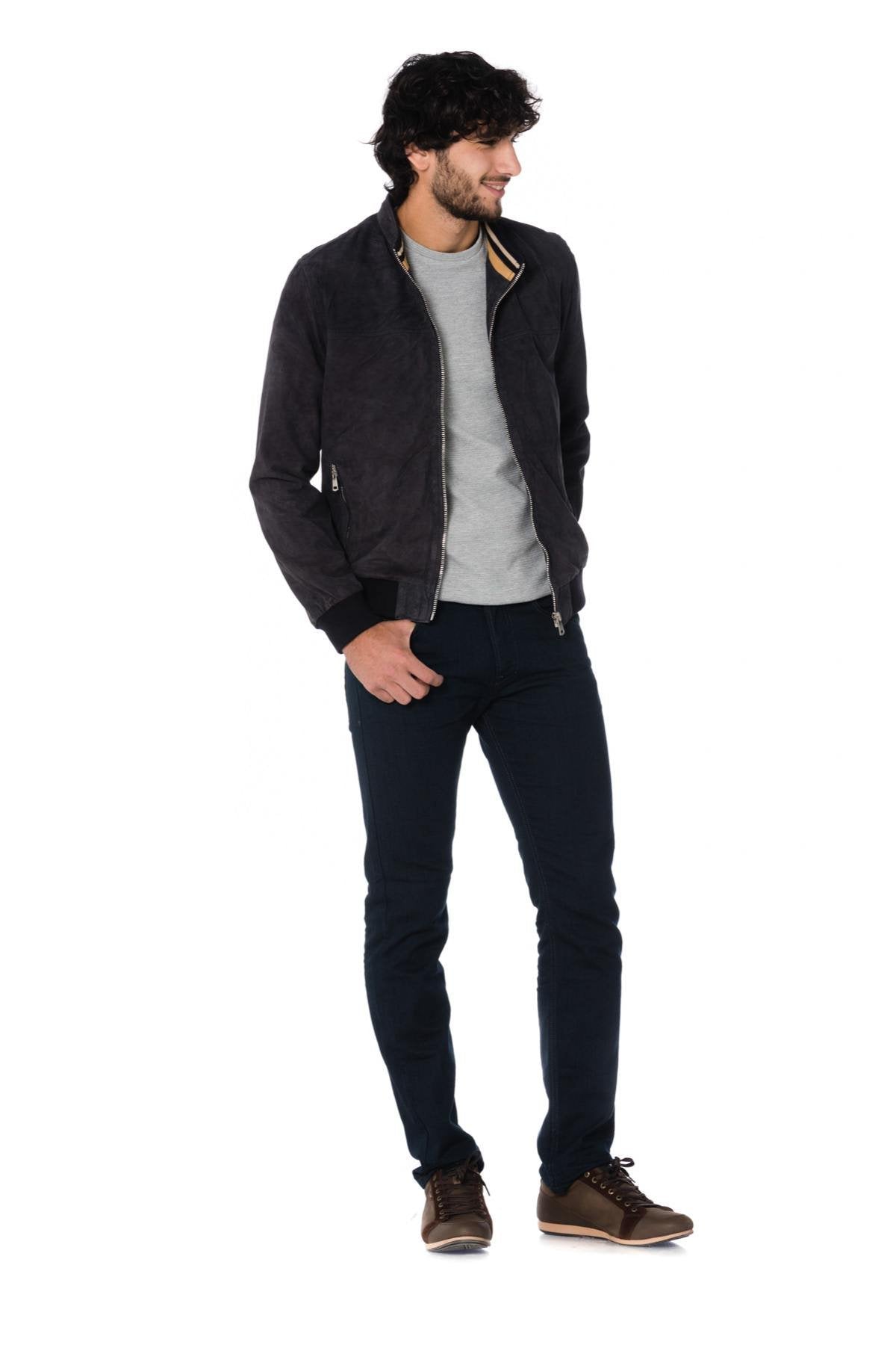 Navy blue goatskin leather jacket - Image n°2