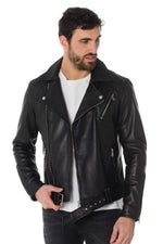 Men's black leather Biker Jacket with belt - Image n°1