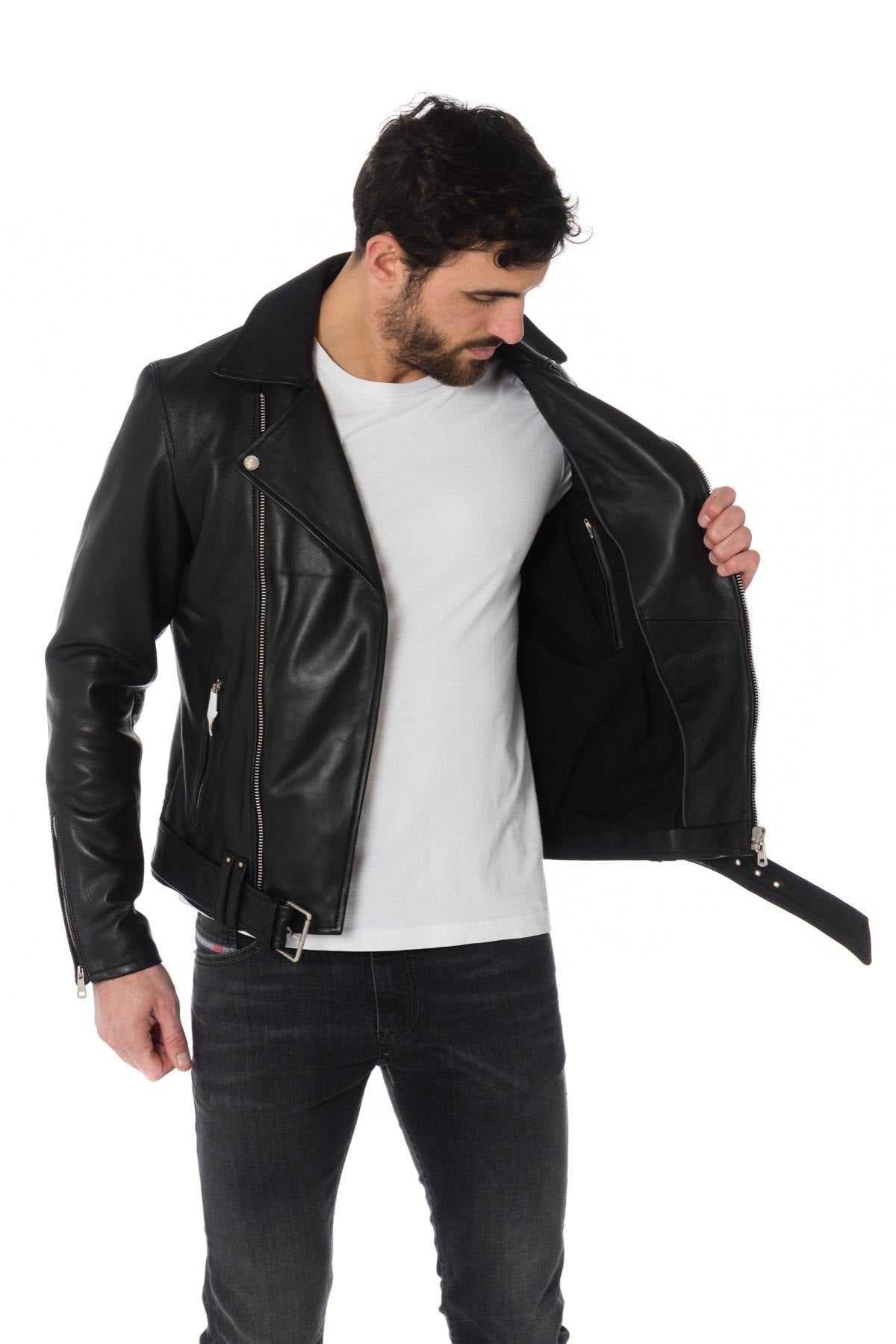 Men's black leather Biker Jacket with belt - Image n°4