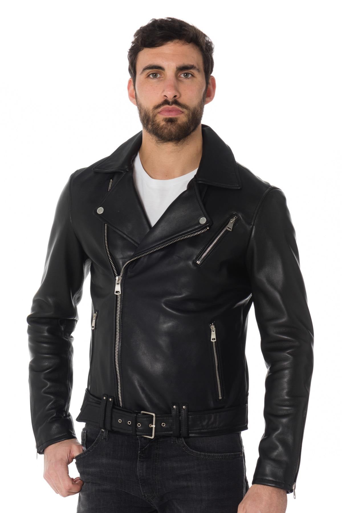 Men's black leather Biker Jacket with belt - Image n°3