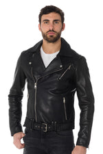 Men's black leather Biker Jacket with belt - Image n°3