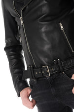 Men's black leather Biker Jacket with belt - Image n°7
