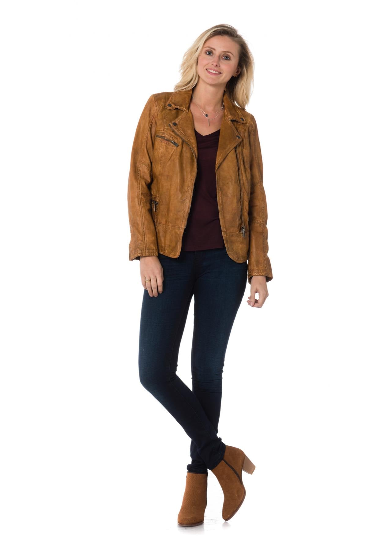Sheep leather biker jacket in aged cognac. Longer fit, zipped wrists. - Image n°2