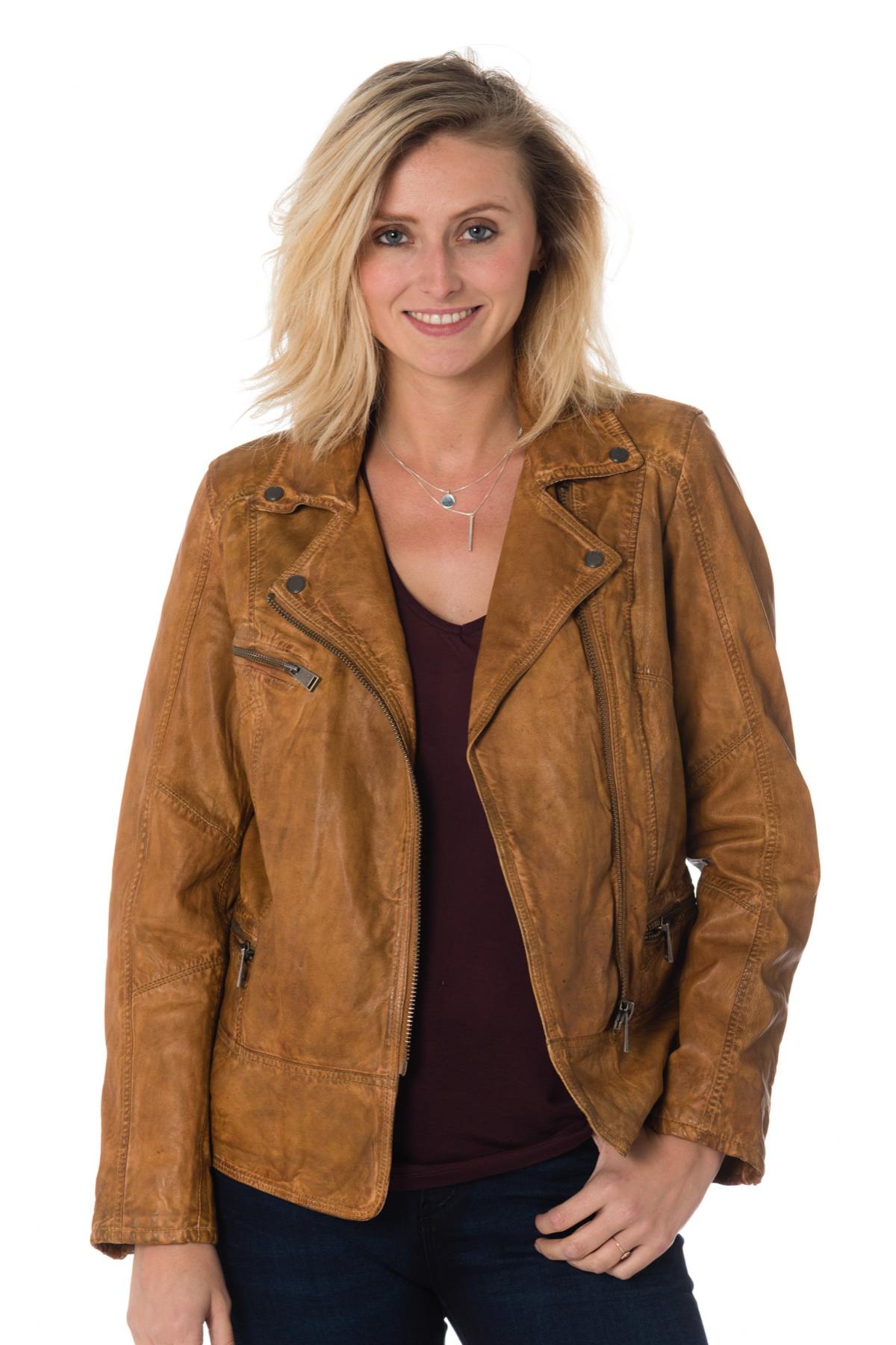 Sheep leather biker jacket in aged cognac. Longer fit, zipped wrists. - Image n°1