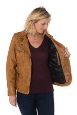 Sheep leather biker jacket in aged cognac. Longer fit, zipped wrists. - Image n°5