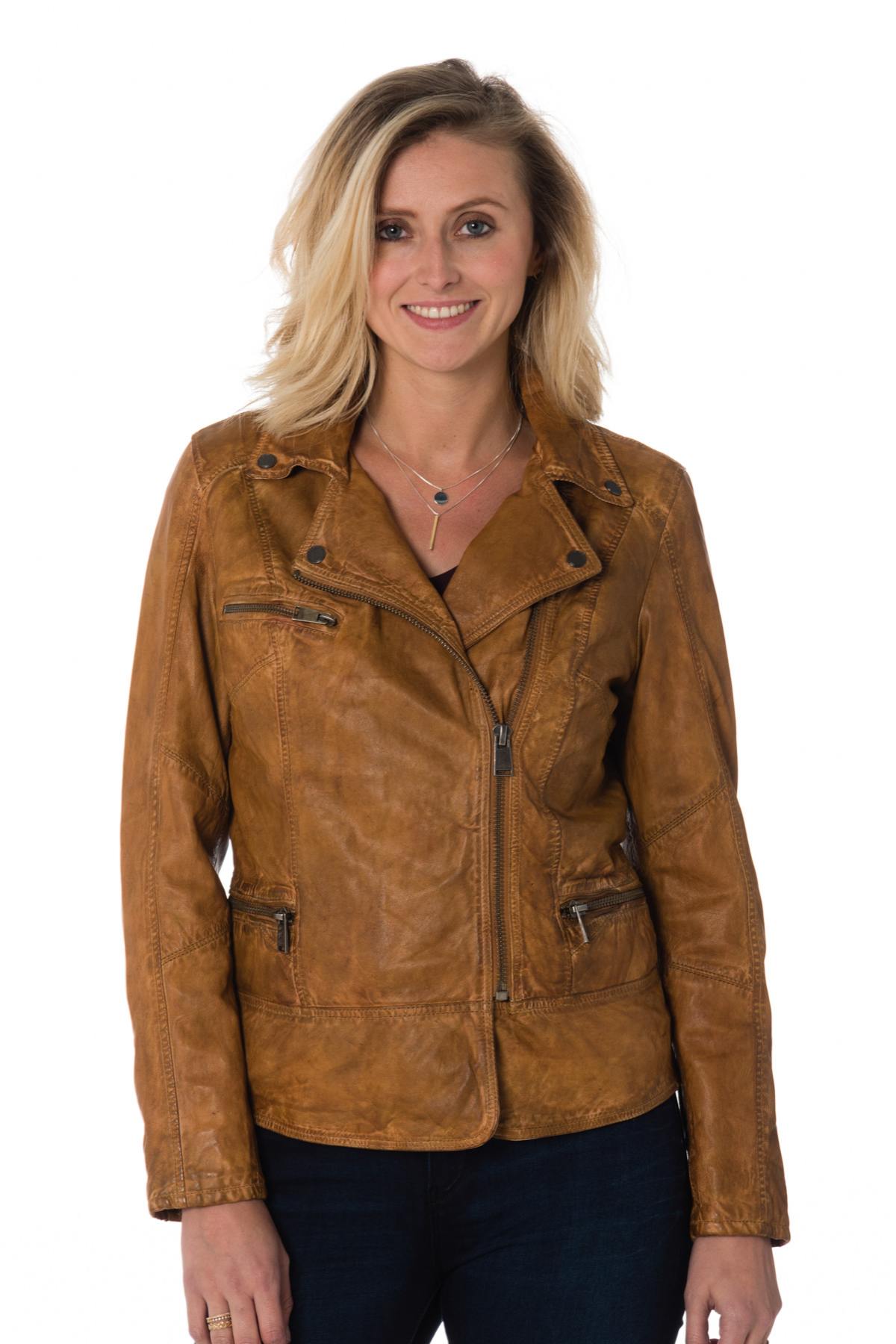 Sheep leather biker jacket in aged cognac. Longer fit, zipped wrists. - Image n°3