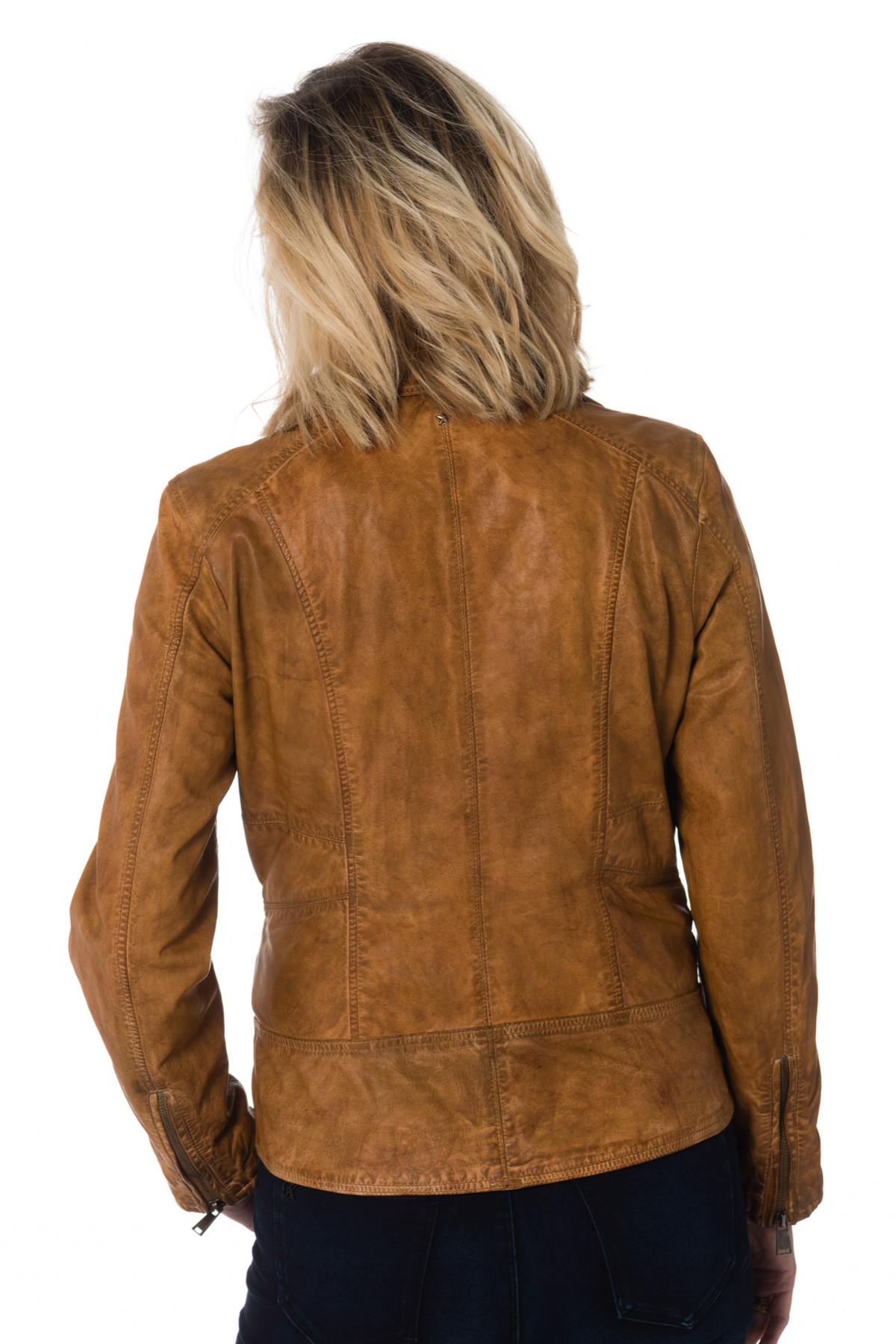 Sheep leather biker jacket in aged cognac. Longer fit, zipped wrists. - Image n°4