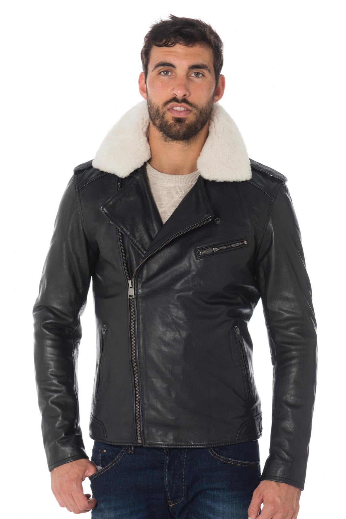 Slim black biker jacket in cowhide with a detachable vegan fur collar. - Image n°1