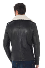 Slim black biker jacket in cowhide with a detachable vegan fur collar. - Image n°4
