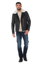 Slim black biker jacket in cowhide with a detachable vegan fur collar. - Image n°2