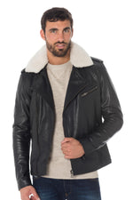 Slim black biker jacket in cowhide with a detachable vegan fur collar. - Image n°3