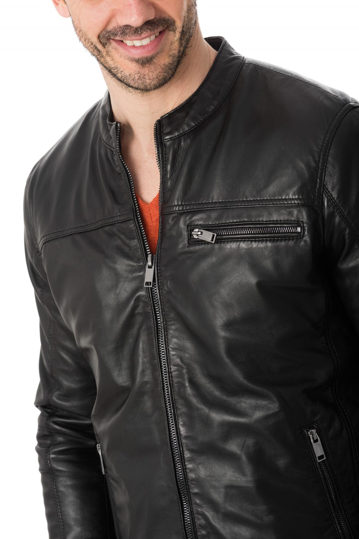 Black lambskin jacket with a biker collar, perfect for all seasons. - Image n°7