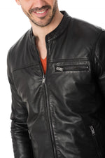 Black lambskin jacket with a biker collar, perfect for all seasons. - Image n°7