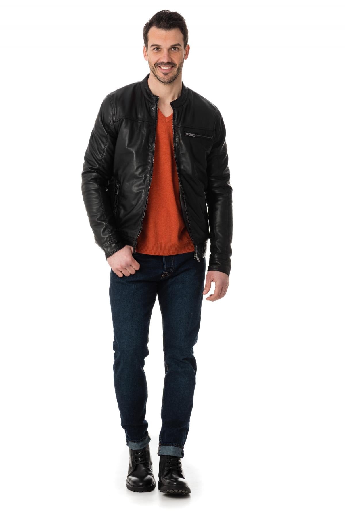 Black lambskin jacket with a biker collar, perfect for all seasons. - Image n°2