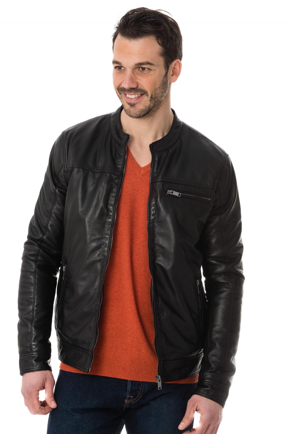Black lambskin jacket with a biker collar, perfect for all seasons. - Image n°3