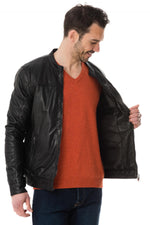 Black lambskin jacket with a biker collar, perfect for all seasons. - Image n°4