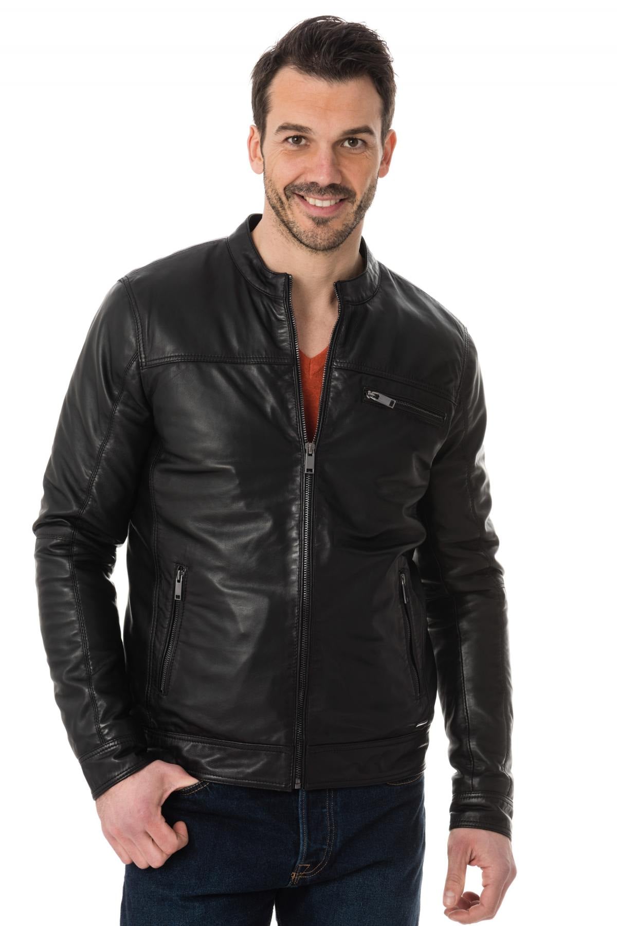 Black lambskin jacket with a biker collar, perfect for all seasons. - Image n°5