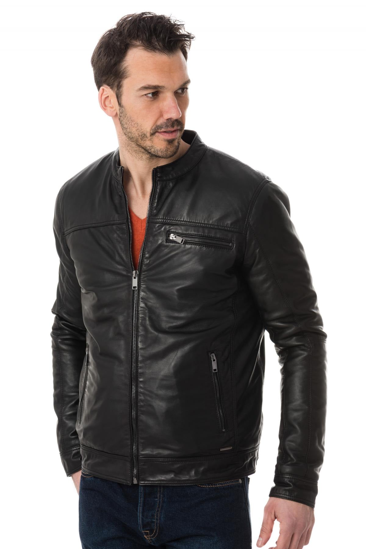 Black lambskin jacket with a biker collar, perfect for all seasons. - Image n°1