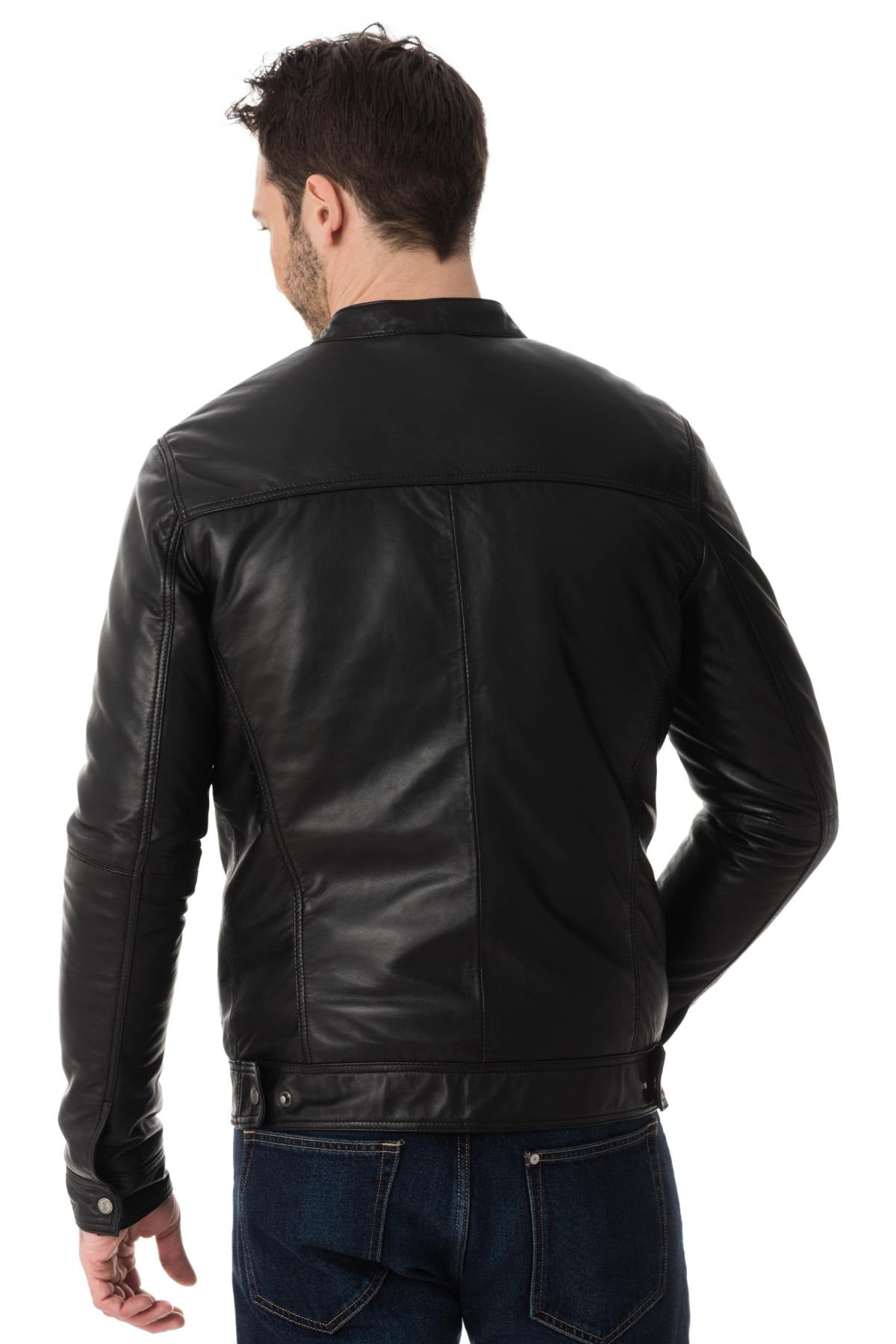 Black lambskin jacket with a biker collar, perfect for all seasons. - Image n°6