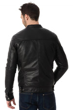 Black lambskin jacket with a biker collar, perfect for all seasons. - Image n°6