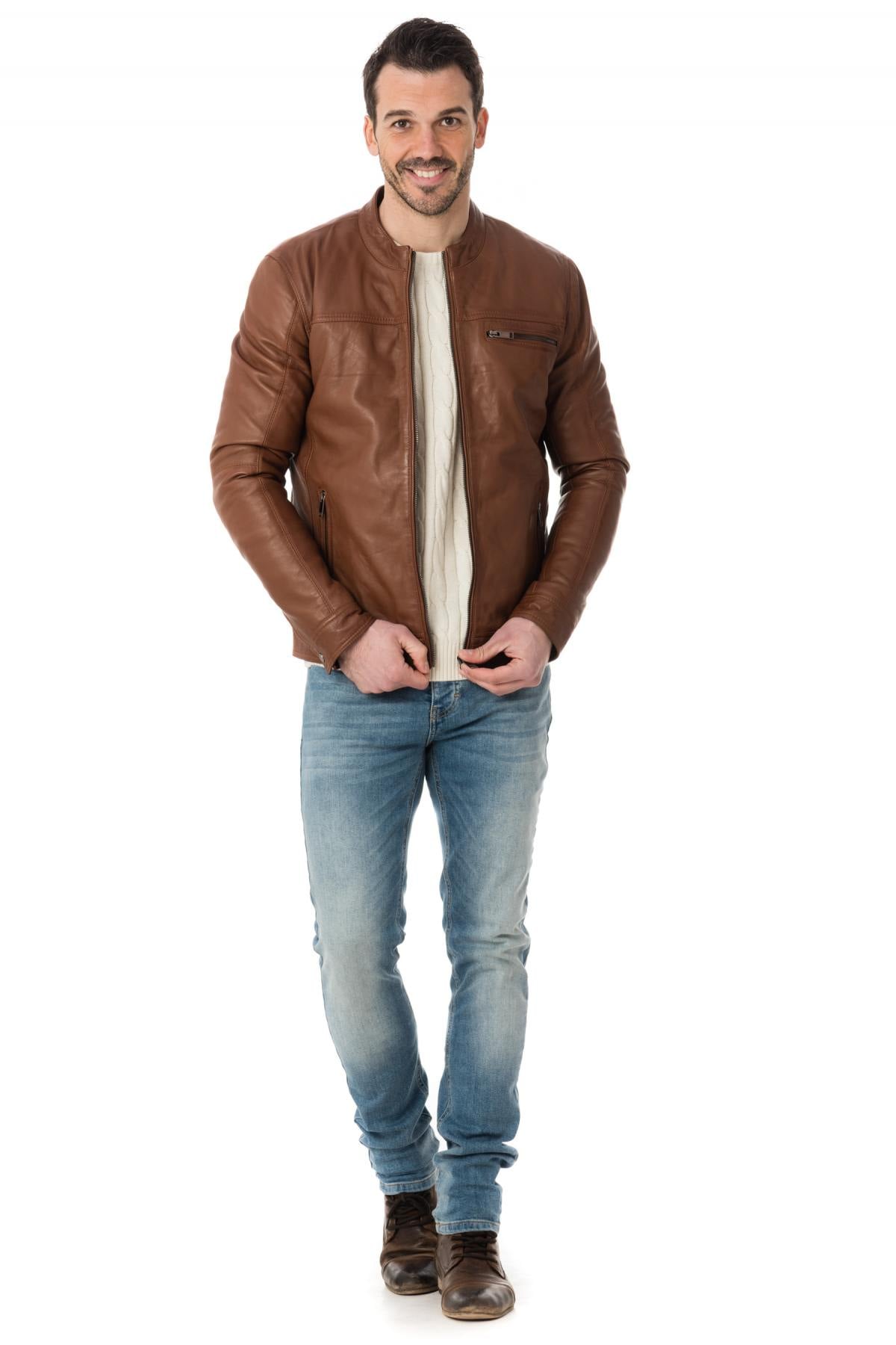 Timeless cognac sheep leather jacket, adjustable for a perfect fit. - Image n°2