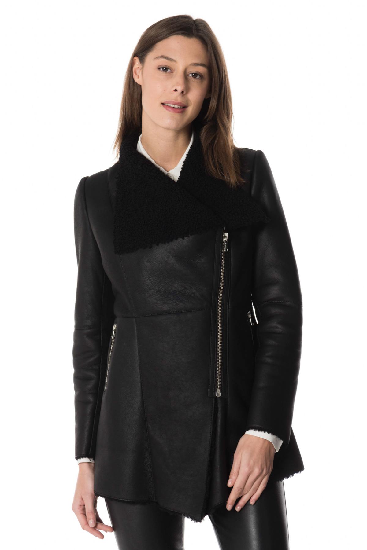 Slim black lambskin biker jacket with asymmetrical zip. - Image n°1