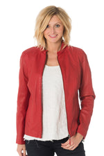 Women's red leather jacket with mao collar - Image n°1