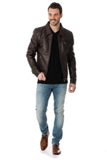 Men's brown sheepskin jacket: shirt collar, zip pockets, relaxed fit. - Image n°2