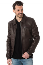 Men's brown sheepskin jacket: shirt collar, zip pockets, relaxed fit. - Image n°3