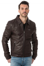 Men's brown sheepskin jacket: shirt collar, zip pockets, relaxed fit. - Image n°1